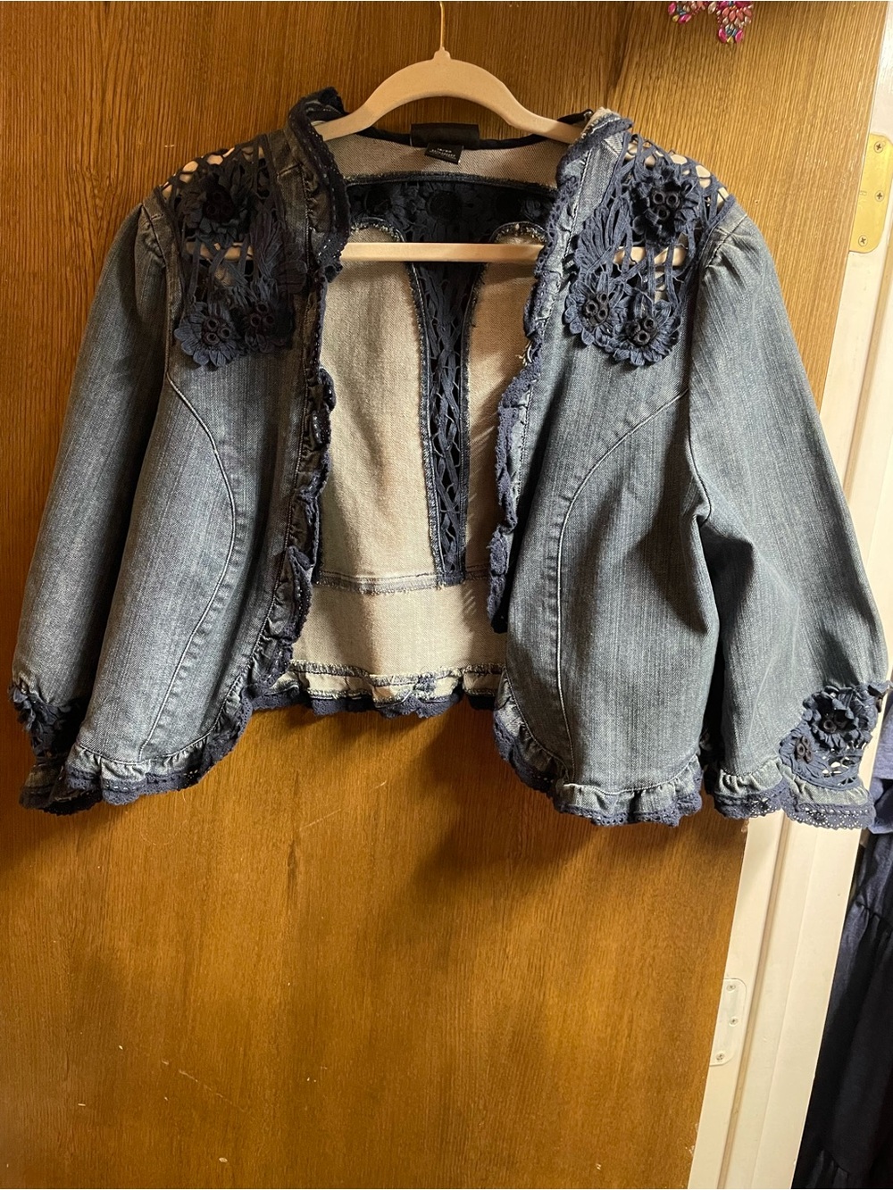 Lane Bryant Navy Crochet-Accent Denim Jacket